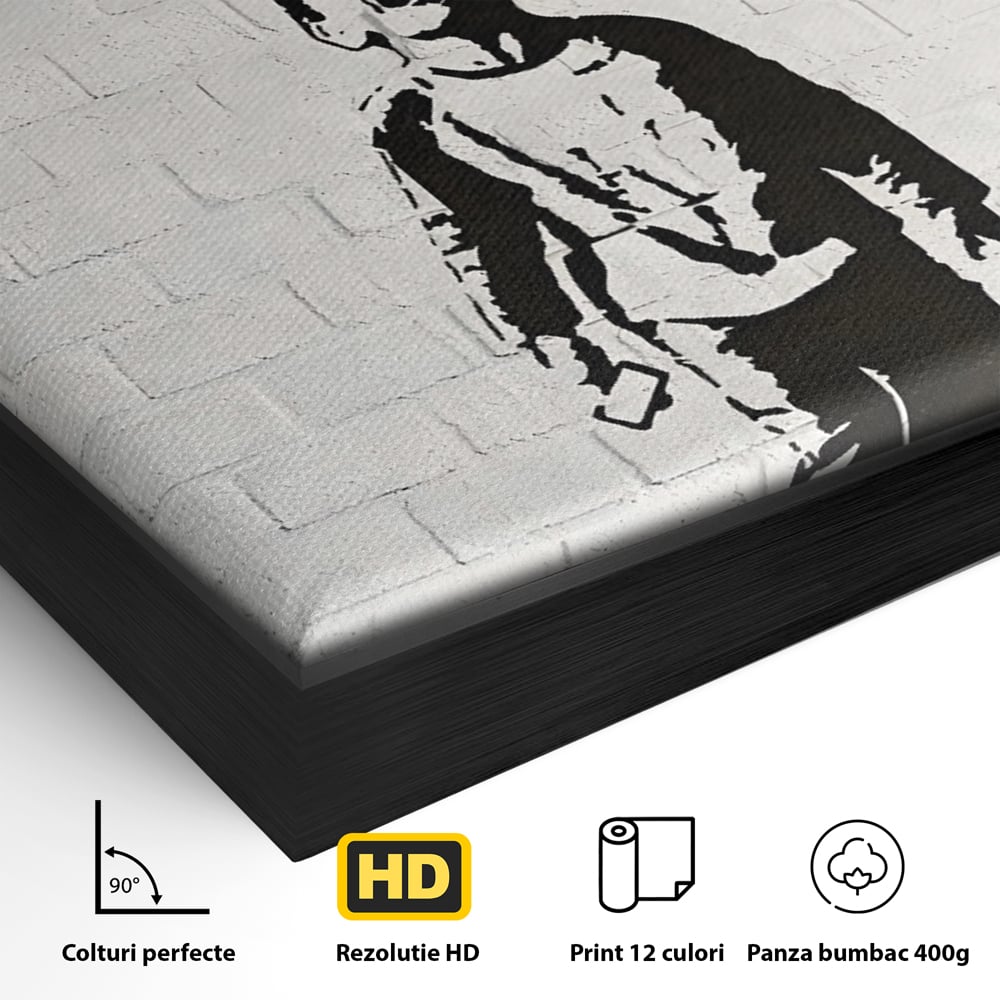 Detaliu al suprafetei: tablou canvas cu copil strigand si notificari, in rama de aluminiu negru